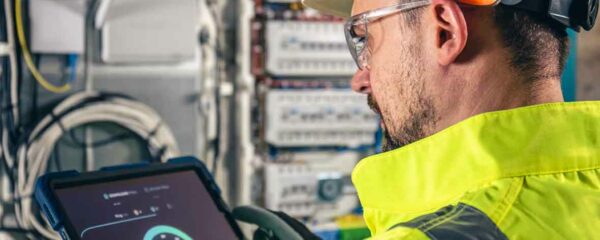 Un technicien travaille sur une alimentation stabilisée pour assurer la sûreté des équipements avec une tablette.