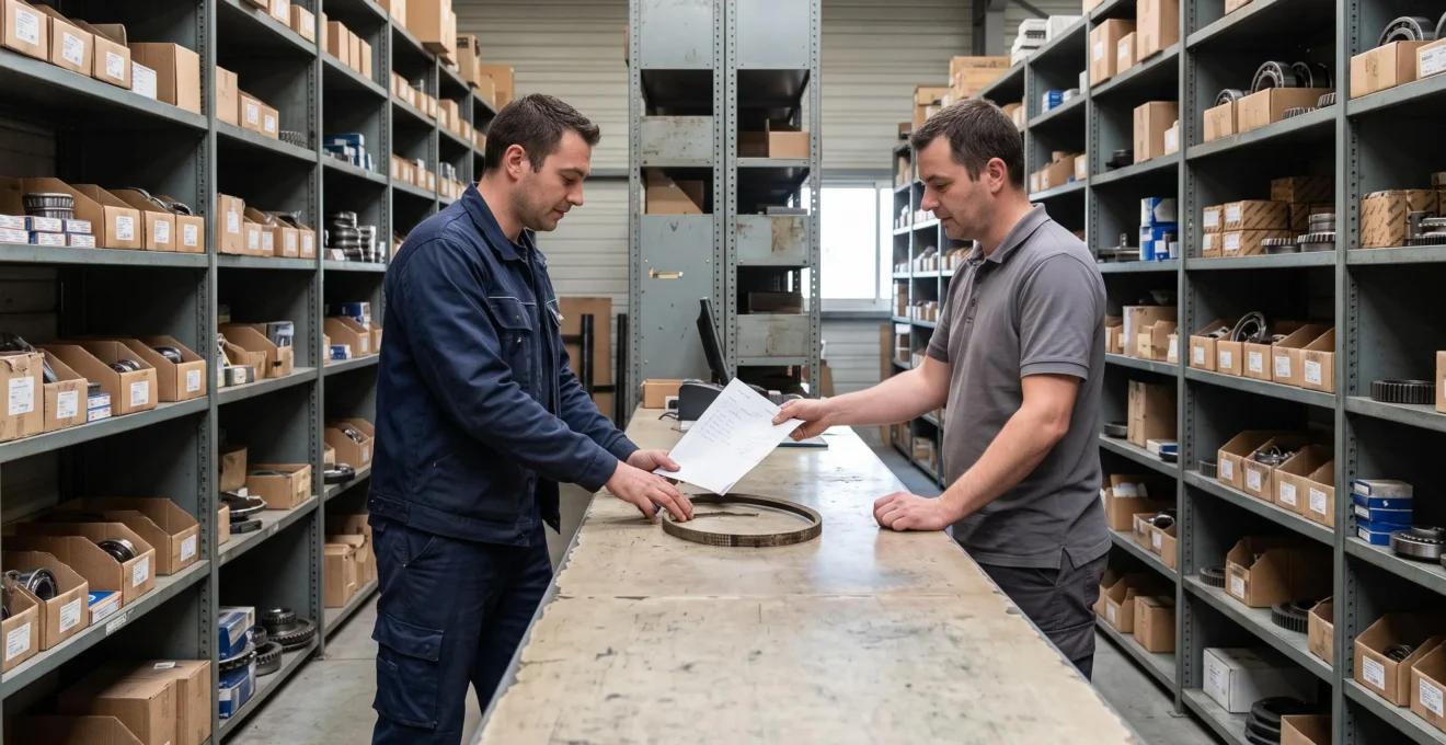 Un technicien remet une checklist et un morceau de courroie à un employé derrière un comptoir de pièces industrielles.