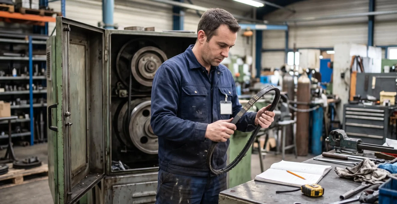 Un technicien examine le marquage d'une courroie trapézoïdale démontée dans un atelier industriel.