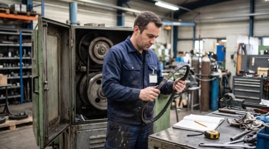 Un technicien examine le marquage d'une courroie trapézoïdale démontée dans un atelier industriel.